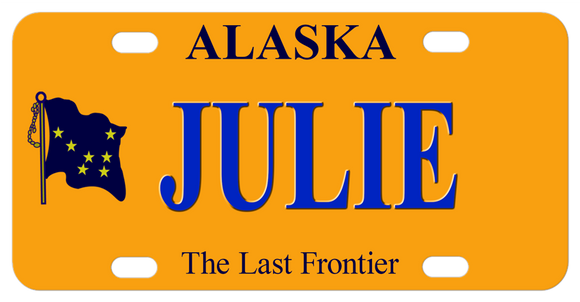 Alaska, The Last Frontier License Plate with Alaska's Flag on Left and your name on right