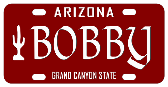Arizona Grand Canyon State Maroon License Plate with Cactus on Left. Any Name Perosnalized