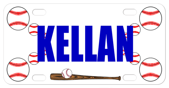 Personalized Baseball theme bike plate with balls on the side and bat on the bottom. Any name in the center.