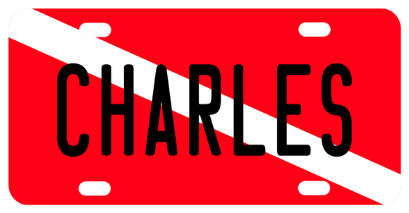 red plate with white diagonal stripe typically known as the divers flag on a custom license plate personalized with any name for scuba divers