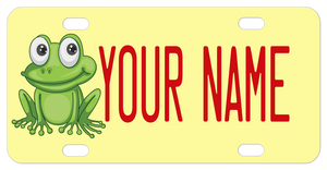 acorable frog cartoon on a name tag license plate with your custom text