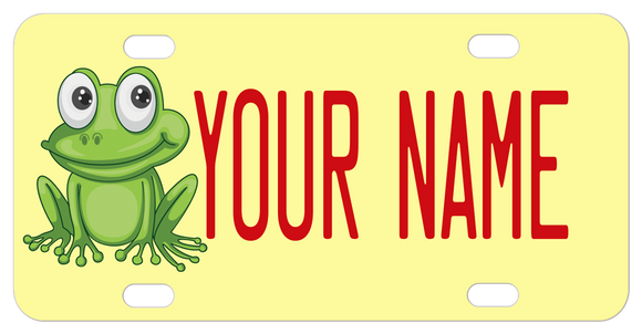 acorable frog cartoon on a name tag license plate with your custom text