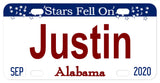Stars Fell On Alabama custom license plate. Shows name in center and date tags on bottom left for month and right for year