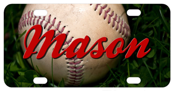 Real baseball sitting in grass photo on a custom license plate with any name personalized
