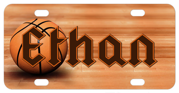 Basketball sitting on wood court floor bike plate with any personalized name