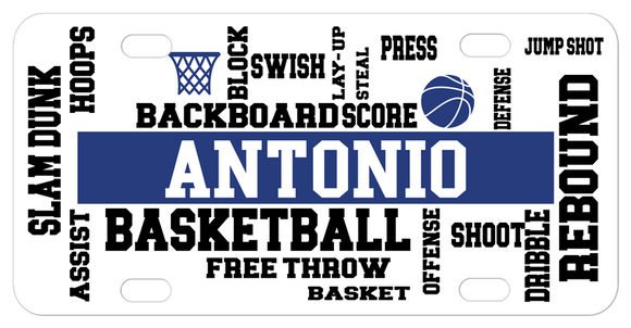 Personalized bike plate with various basketball terms randomly placed throughout the plate and customized with any name