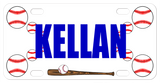 Personalized Baseball theme bike plate with balls on the side and bat on the bottom. Any name in the center.