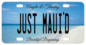 Beach scene bridal just married license plates with personalization on top, center and bottom
