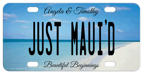 Beach scene bridal just married license plates with personalization on top, center and bottom