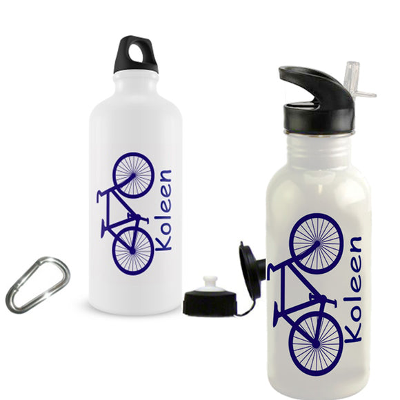 Bicycle Design Water Bottle shown on both styles of water bottles along with any name