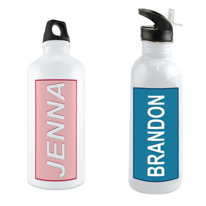 Any name printed on a custom water bottle with a colored rectangle background