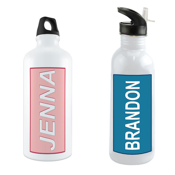 Any name printed on a custom water bottle with a colored rectangle background
