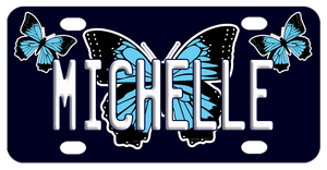 Black and Blue Shades Butterfly outlined in white on a black background  any name personalized bike plate