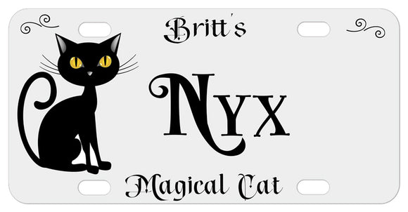 Pretty Black Cat Cartoon Illustration with any name and custom text personalized on a light grey license plate or bike plate