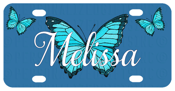 Personalized License Plate with Pretty Blue Butterfly in Center and 1 butterfly in each corner and your name