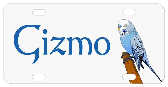 Personalized name on left and blue parakeet illustrationsitting on wood stick facing in (towards name) on right White background
