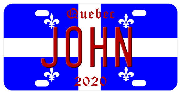 blue with white cross and 4 fleur de lis the qubec license plate can be personalized with any name in center