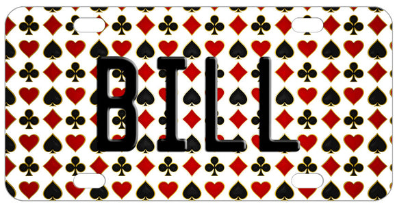 card suits across the background of the plate in rows alternating clubs, diamonds and then hearts and spades. Any name or custom text in all three areas. (top, center, bottom)