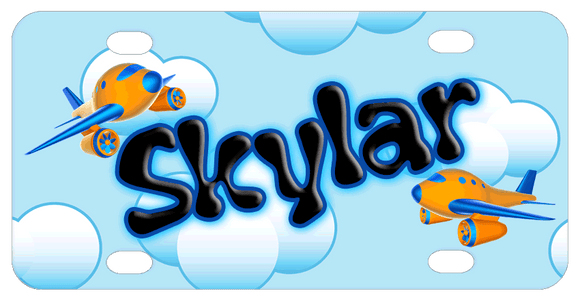 cartoon airplane flying among the clouds in a blue sky design with name in cute font