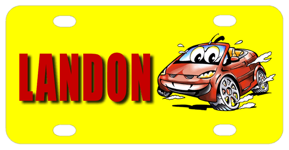 Red Cartoon Car with grill and lights that look like a face.  Big Eyes are in the windshield.Background is yellow. Name is on left, car is on right of license plate