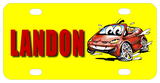 Red Cartoon Car with grill and lights that look like a face.  Big Eyes are in the windshield.Background is yellow. Name is on left, car is on right of license plate