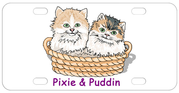 2 cats or kittens sitting in a basket with any name or custom text.
