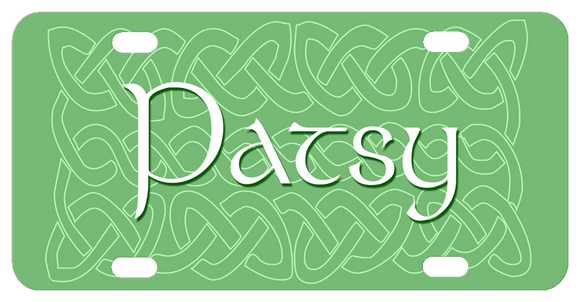 green background with light white celtic broken knot design and any name. Shown name is in a celtic style font.