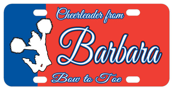 Personalized License Plates with a Cheerleader on a 2 color background and personalized with any text on top, center and bottom