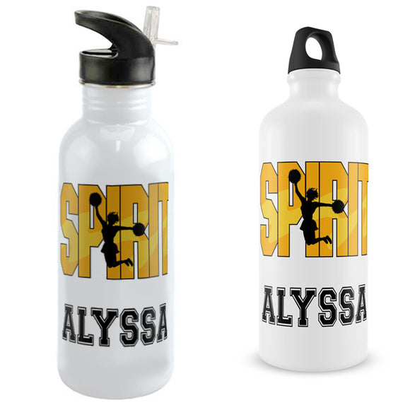 Cheer Spirit and your name personalized on a 20 ounce water bottle choice of aluminum or stainless steel