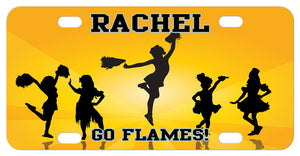 Cheerleaders in various positions on rays of golden yellow personalized with any name and custom text on choice of aluminum license plate sizes