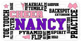 Cheerleading terms randomly placed on a custom bike plate or car tag, personalized with any name