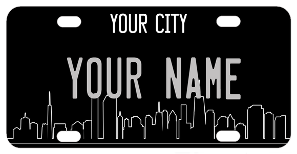 Your City Skyline on a custom Share The Road License Plate With your name or custom text.