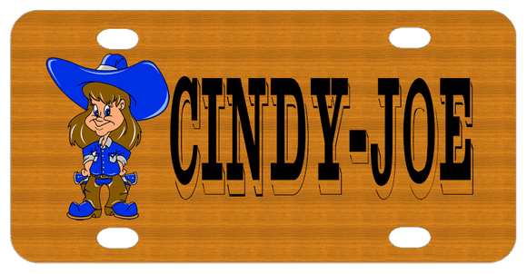 Cowgirl dressed in blue and brown on left with wood look background and name on right 