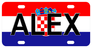 Croatian Flag of Red White and Blue Stripes with Checkered Seal and Crown of 5 pointed banners. Shown with the name Alex in black Arial Font