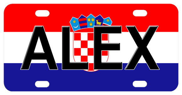 Croatian Flag of Red White and Blue Stripes with Checkered Seal and Crown of 5 pointed banners. Shown with the name Alex in black Arial Font