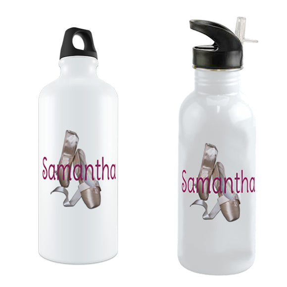 Pretty ballet toe shoes with any name printed across on a custom water bottle