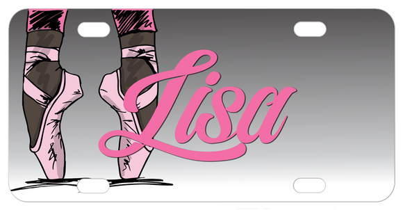 Dancer's feet in toe shoes on pointe personalized on any size license plate with your name