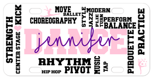 Various performing arts dance terms randomly placed on a custom license plate with any name printed over the word dance in the center
