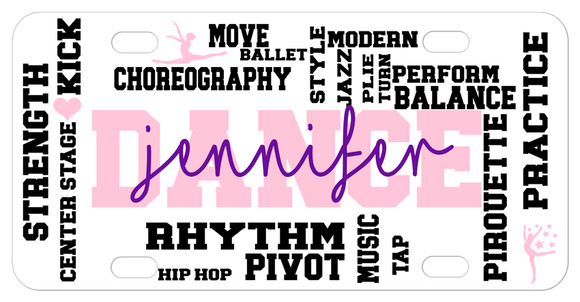 Various performing arts dance terms randomly placed on a custom license plate with any name printed over the word dance in the center