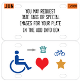 Use the additional info box to request date tags, handicap symbol for dogs, cats, humans, and other special symbols such as hearts, stars and more.    2.25" x 4" plates with frames are available for purchase in the size choice box. 