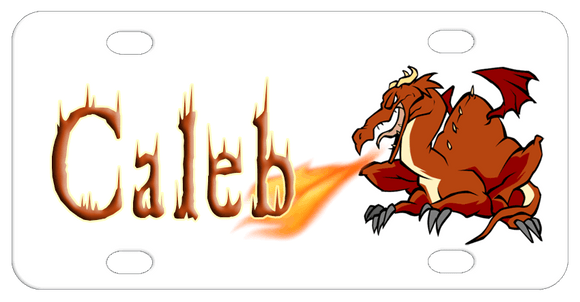 Dragon in brown tones in right spitting fire from his mouth to the name on the left. Font shown in sample also has flames coming from it as it was lit by the dragon.