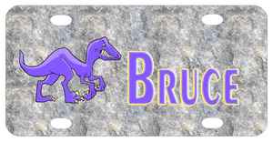 Stone background with purple Velociraptor dinosaur on left and name on right