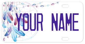 Soft watercolors dream catcher in the corner of a white background plate. Your name or custom text in your choice of color and font in ceter.