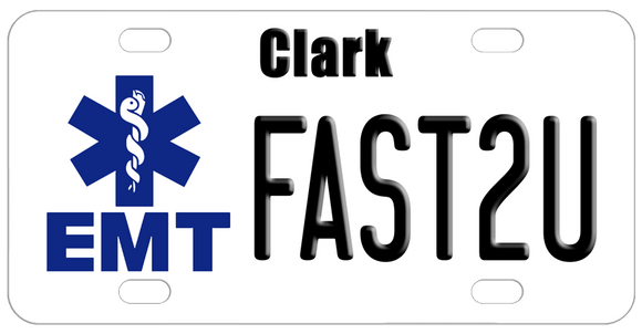 Blue Star of Life with EMT under on left of plate, any personalization on top, center and bottom.