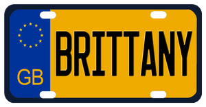 GB European style plate with stars on blue and black border with goldish yellow center and any name