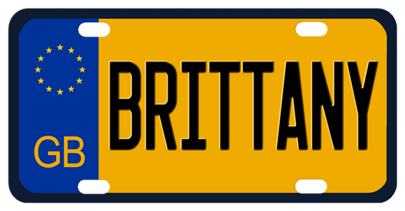 GB European style plate with stars on blue and black border with goldish yellow center and any name