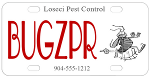 Bug running away illustration on a bike plate fun for exterminators and pest control businesses.
