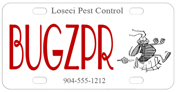 Bug running away illustration on a bike plate fun for exterminators and pest control businesses.