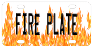 Layers fire flames rising from the bottom of the plate to almost reach the top with any name or custom text on top in the center of the plate