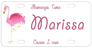 Flamingo on one foot on left and any custom text on top, center, and bottom
